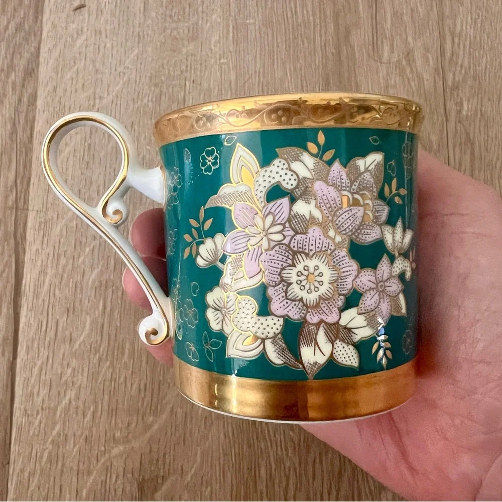 Hankook Super Bone‎ China Tea Coffee Cup, Green Pink Flower Gold Trim Vtg NWT